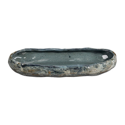 Erya Decorative Bowl, Uneven Wavy Rim, 24 Inch Glazed Gray Ceramic