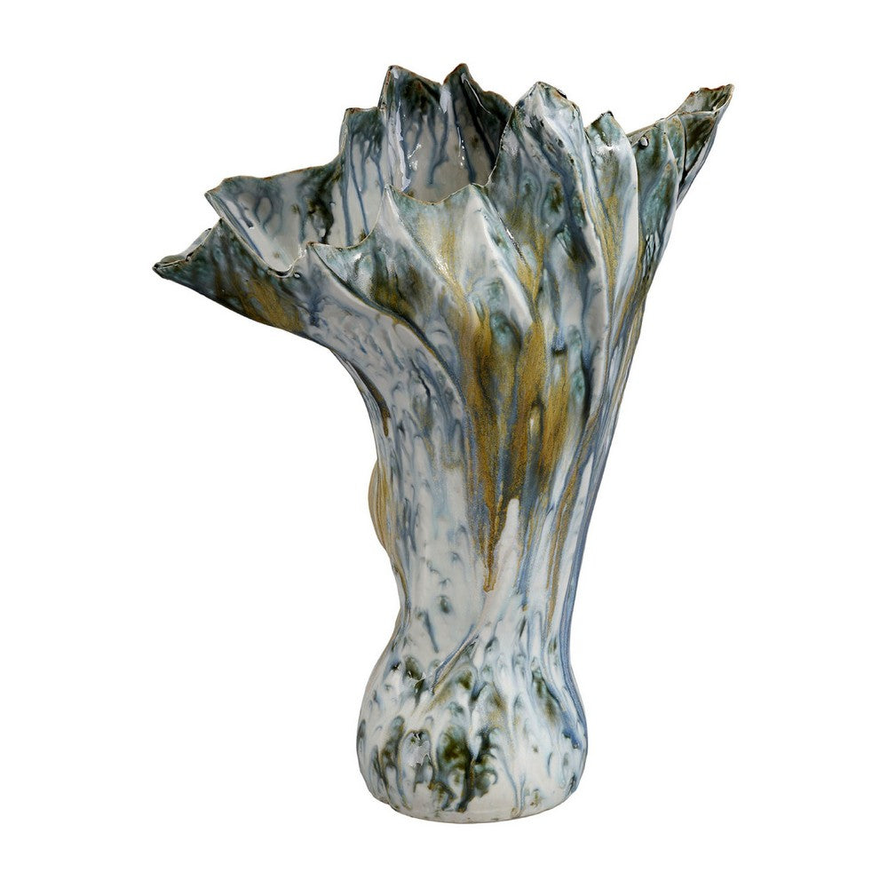 Tery Decorative Vase, 16 Inch Glossy Ocean Blue Ceramic, Wavy Fishtail