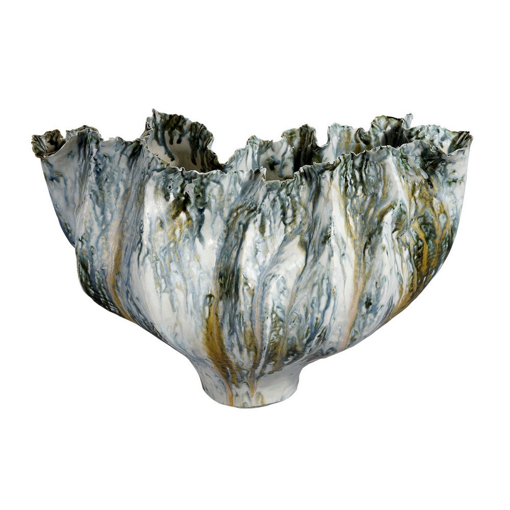 Tery Decorative Vase, Wavy Fishtail, 16 Inch Glossy Blue White Ceramic