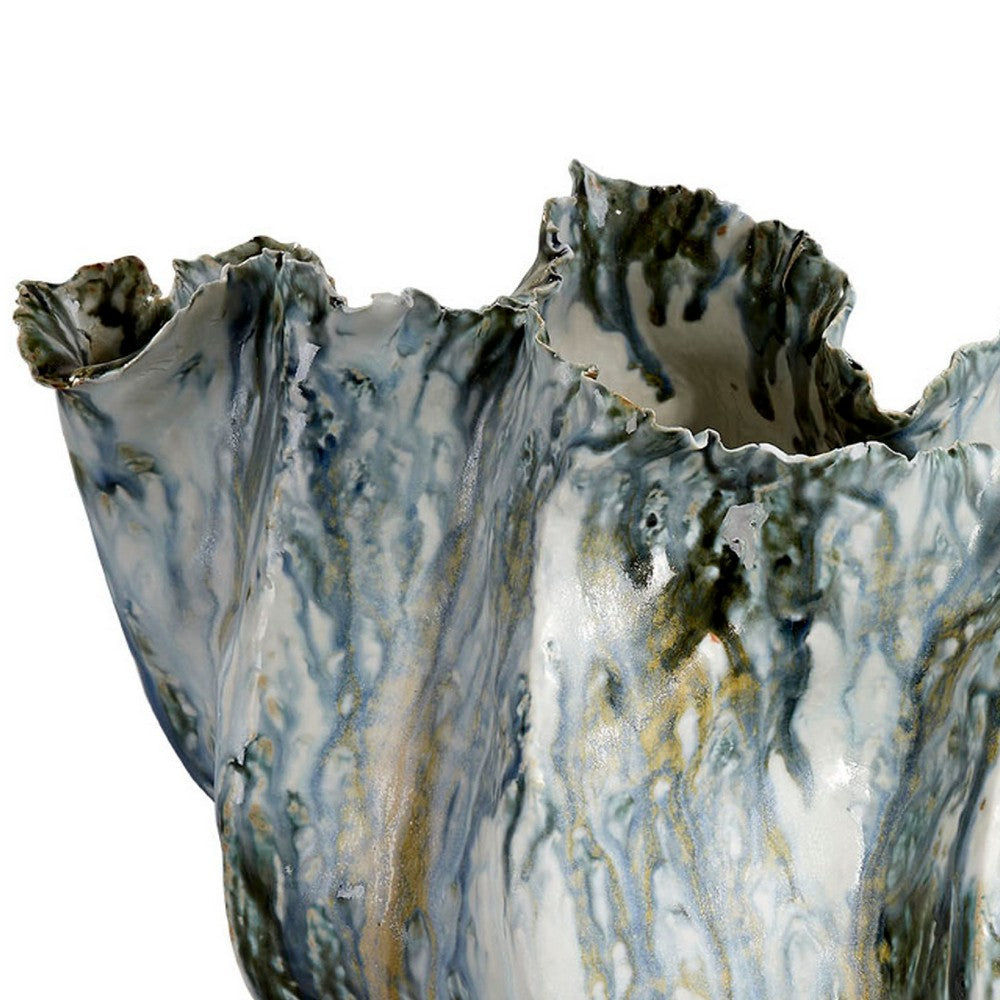 Tery Decorative Vase, Wavy Fishtail, 16 Inch Glossy Blue White Ceramic