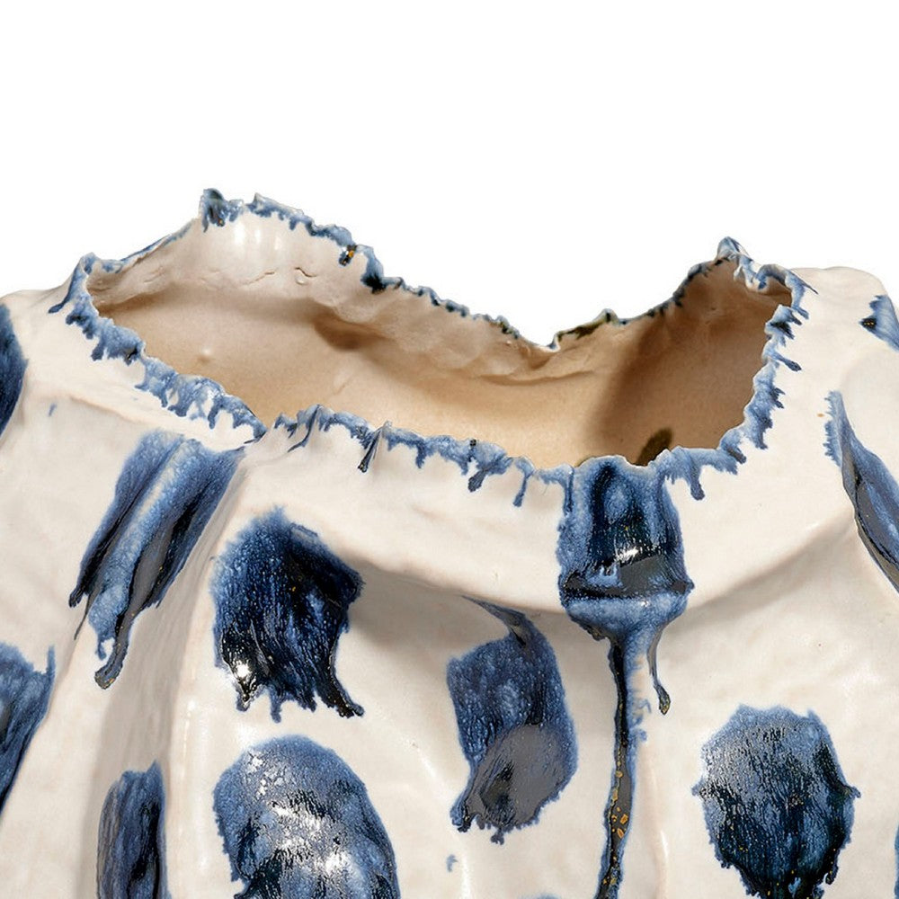 Nery Decorative Vase, Ruffled Edge, Blue White Patchwork Ceramic