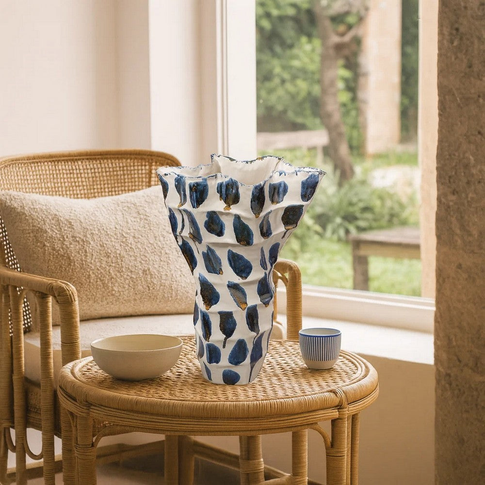 Nery Decorative Vase, Blue White Patchwork Ceramic, Ruffled Edge