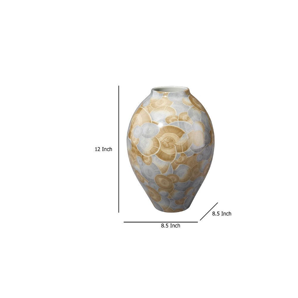 Aery Decorative Vase, Printed Pattern Glossy Blue Ceramic, 12 Inch