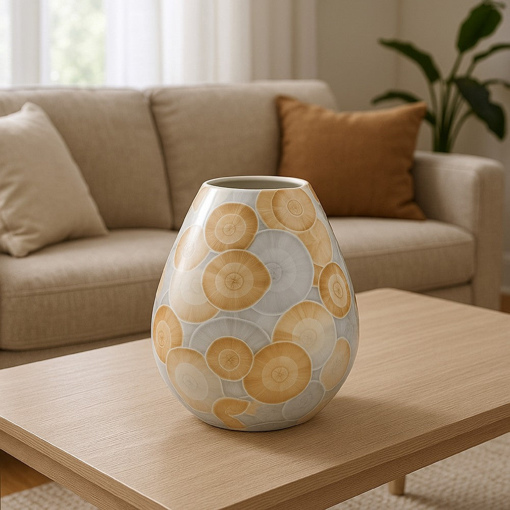Aery Decorative Vase, Printed Pattern Glossy Blue Ceramic, 8 Inch