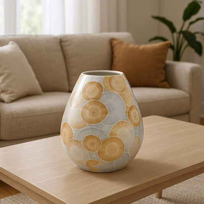 Aery Decorative Vase, Printed Pattern Glossy Blue Ceramic, 8 Inch