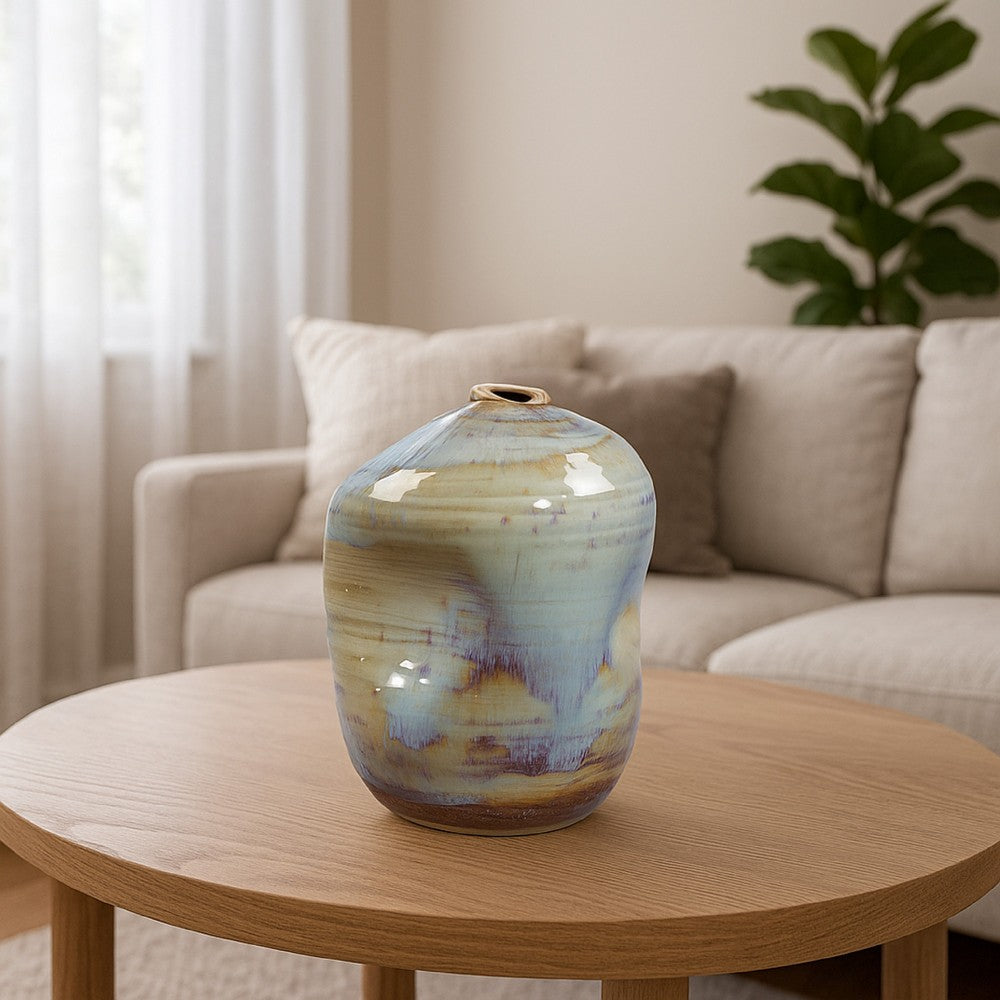 Noah Decorative Vase, Irregular Shape, Glossy Blue Ceramic 13 Inch