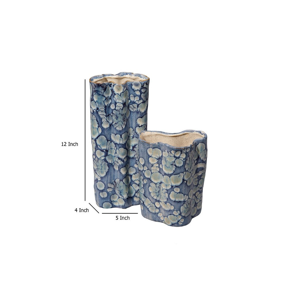 Gipo Decorative Flower Vase Set of 2, Ruffled Body, Blue White Ceramic