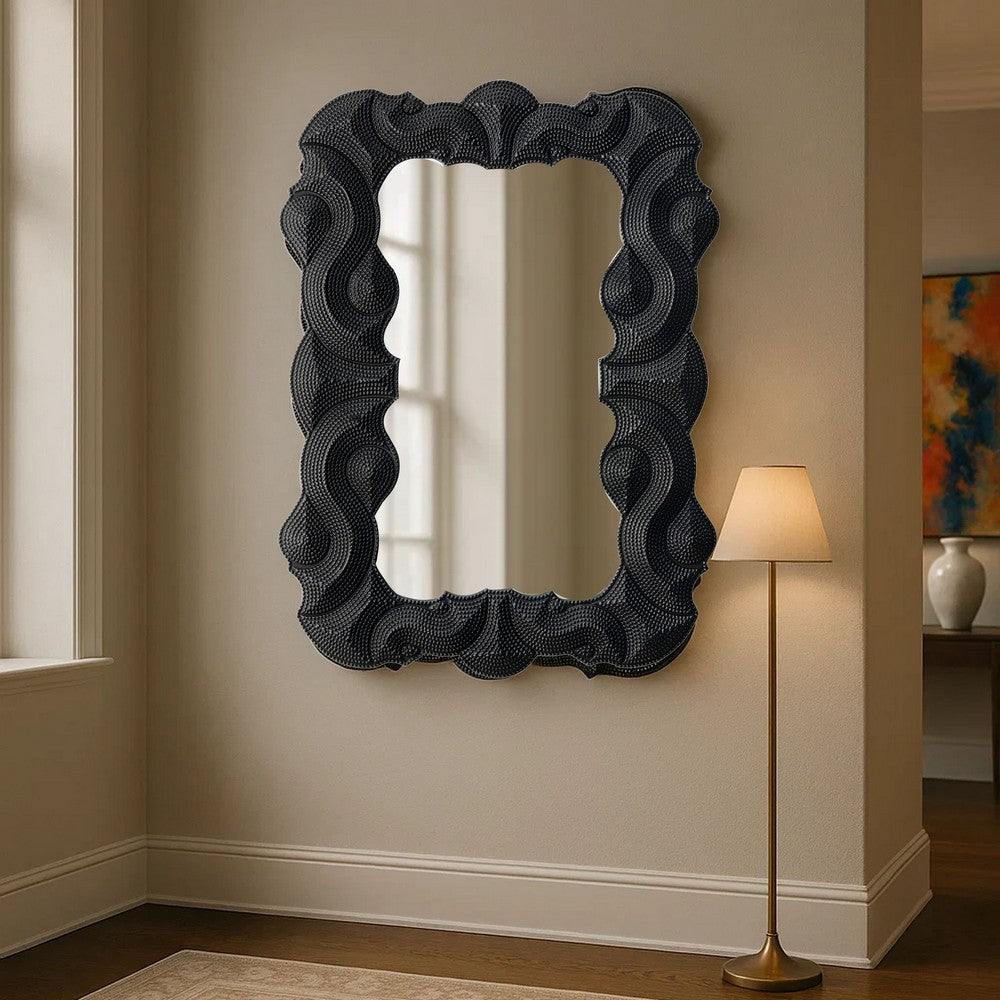 Diri Decorative Wall Mirror, Beaded Pattern Classic Black Resin 29x36