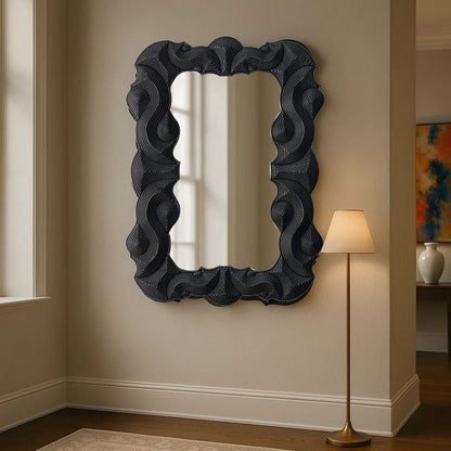 Diri Decorative Wall Mirror, Beaded Pattern Classic Black Resin 29x36