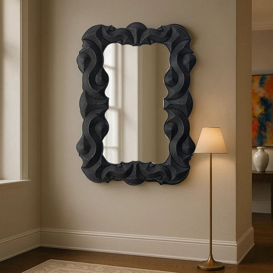 Diri Decorative Wall Mirror, Beaded Pattern Classic Black Resin 29x36