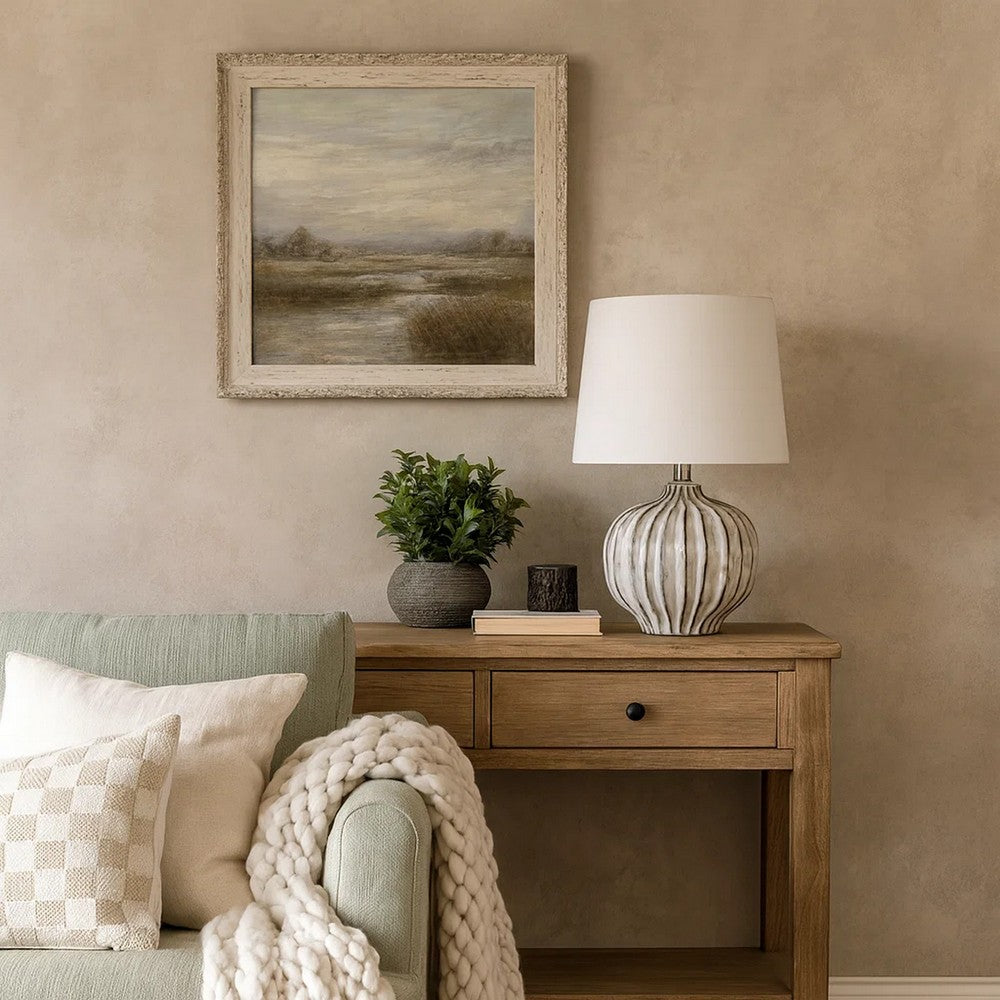 Riz Accent Table Lamp, 20 Inch Ceramic Glaze Gray Silver, White Linen