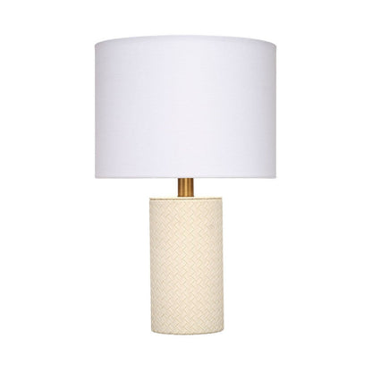 Myn Table Lamp, 18 Inch, White Linen Drum Shade, Cream Leather Base