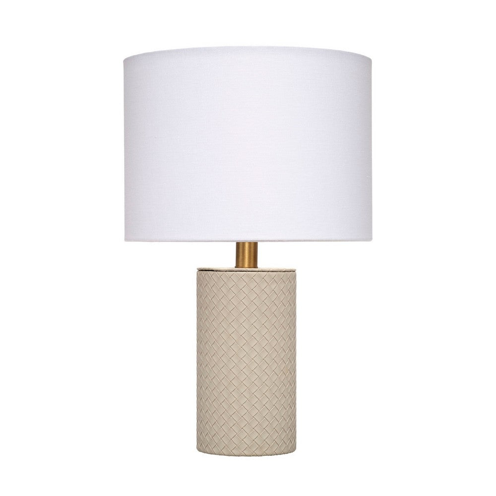 Myn Table Lamp, 18 Inch, White Linen Drum Shade, Gray Leather Base