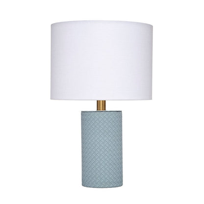 Myn Table Lamp, 18 Inch, White Linen Drum Shade, Blue Leather Base