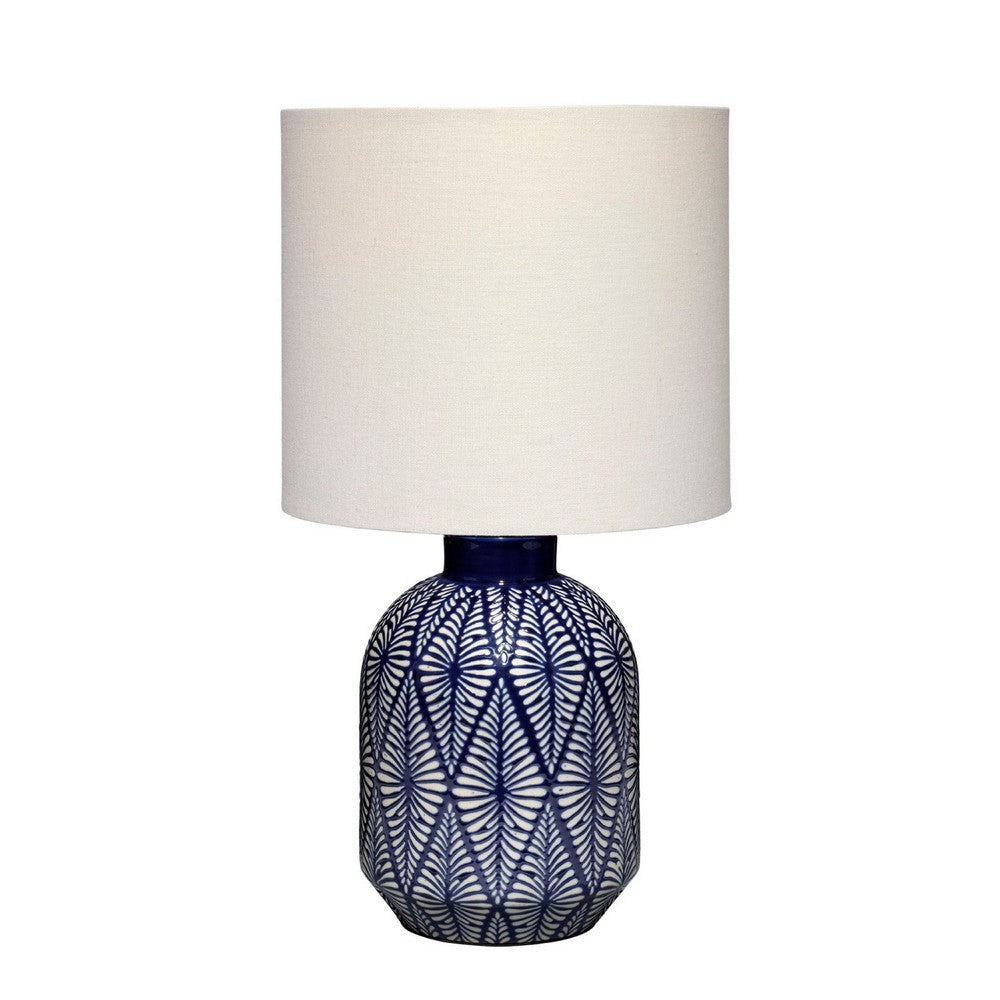 Hyla Accent Table Lamp, 17 Inch, Cream Linen, Blue Geometric Ceramic
