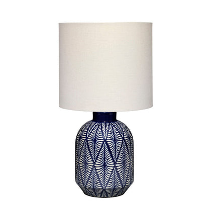 Hyla Accent Table Lamp, 17 Inch, Cream Linen, Blue Geometric Ceramic