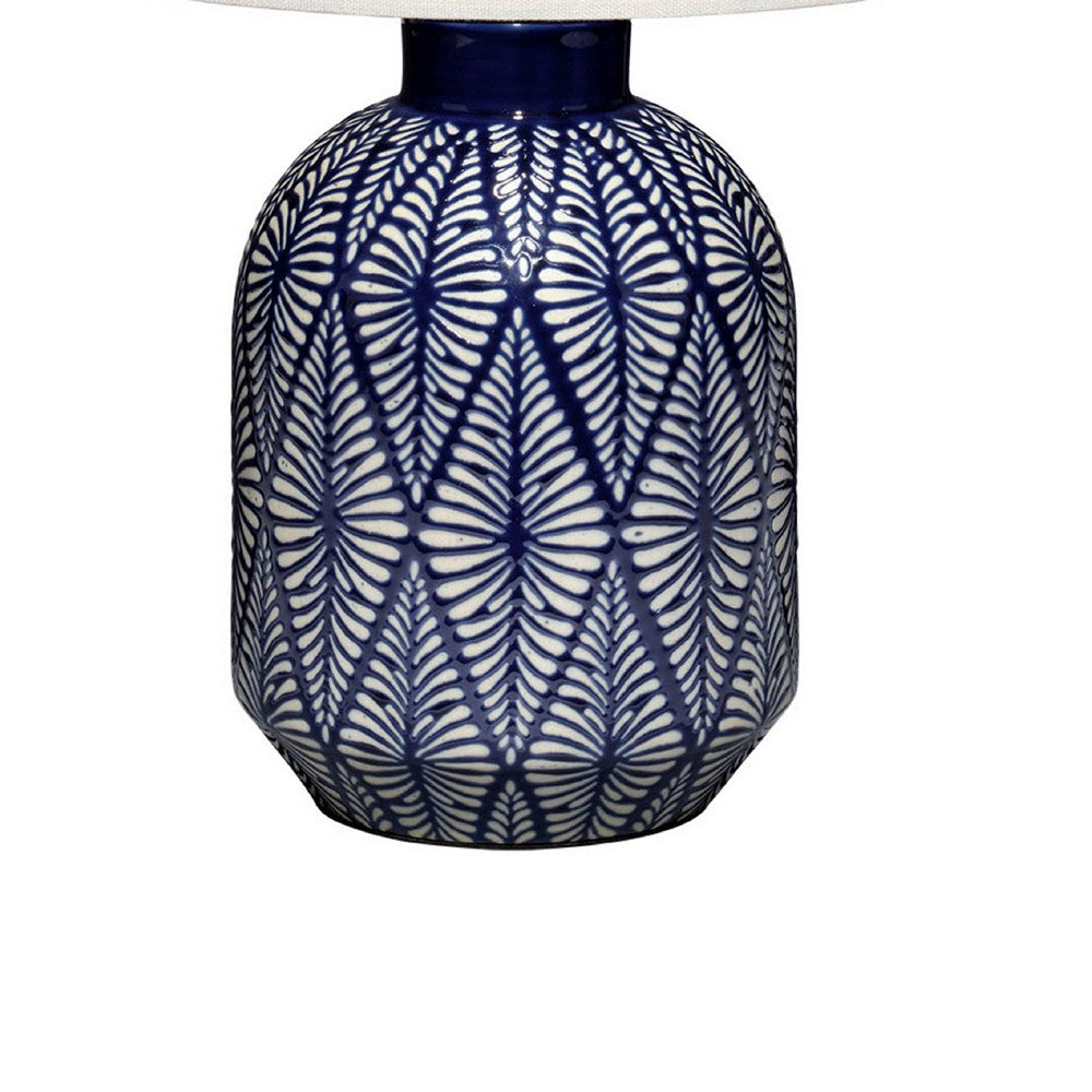 Hyla Accent Table Lamp, 17 Inch, Cream Linen, Blue Geometric Ceramic