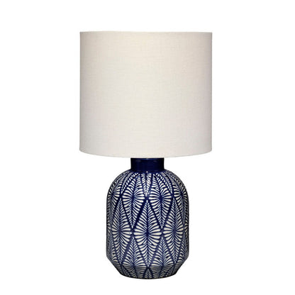 Hyla Accent Table Lamp, 17 Inch, Cream Linen, Blue Geometric Ceramic
