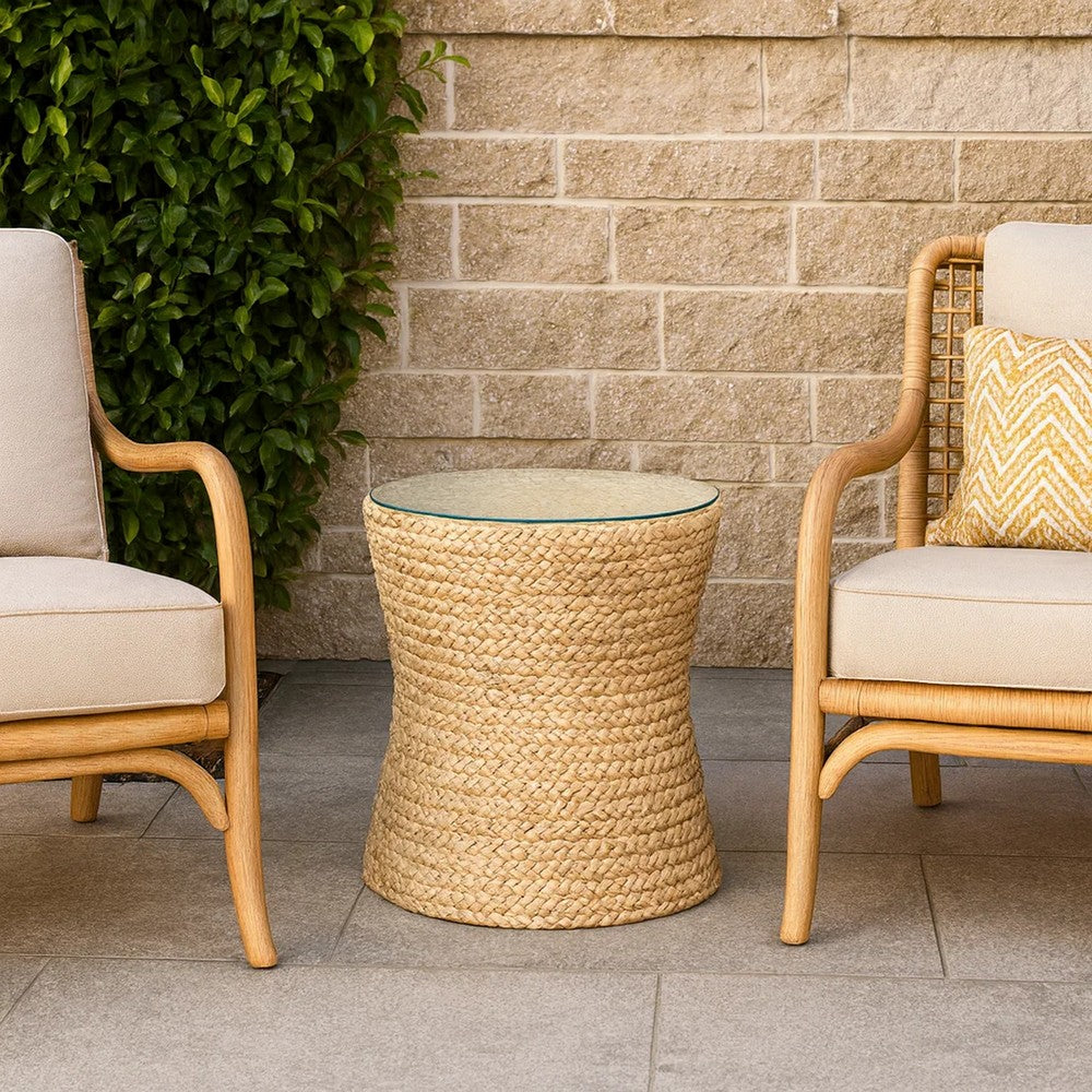 Grix Side Table, 20 Inch Tempered Glass Round Top, Braided Hourglass