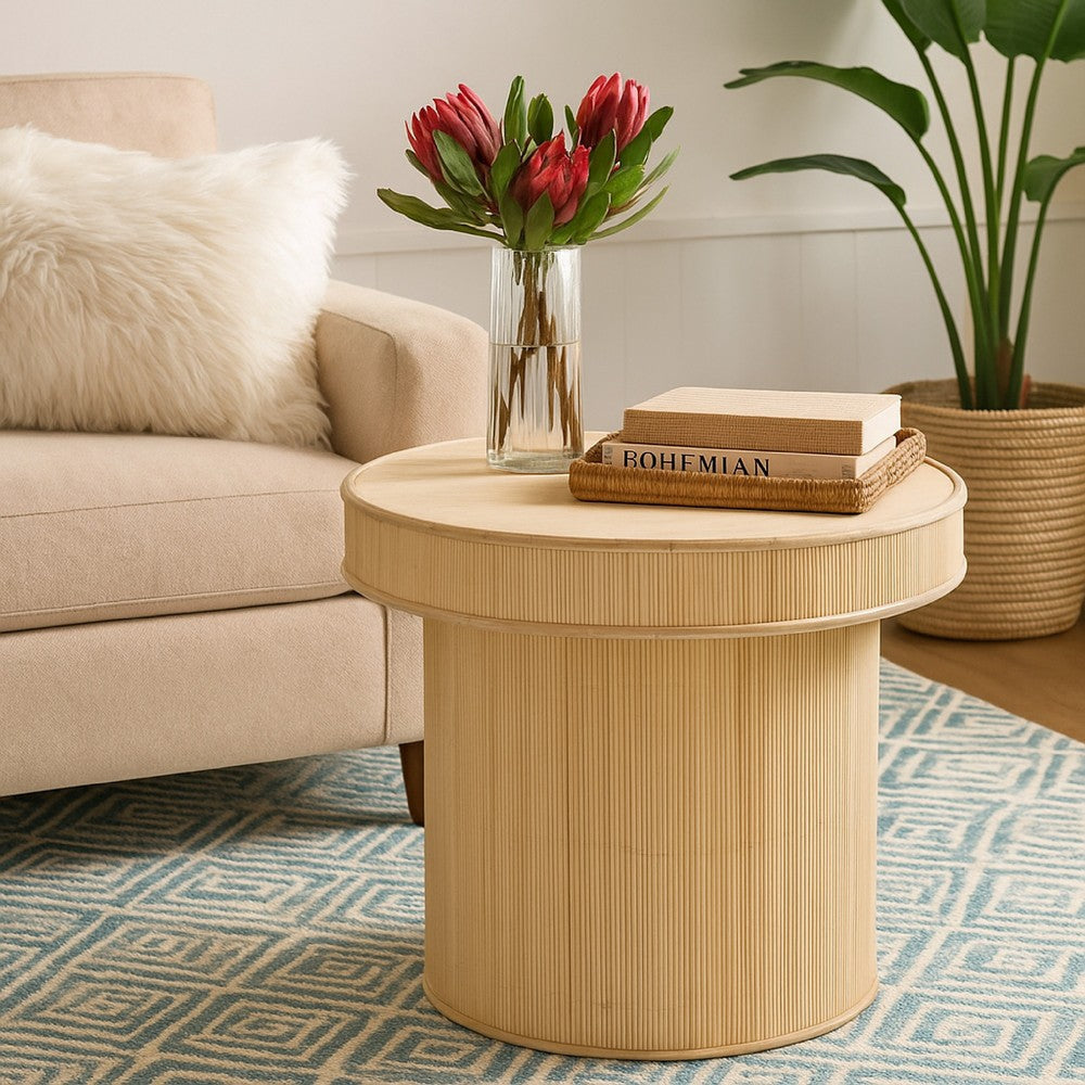 Tyl Side End Table, 22 Inch, Round Top, Cylindrical Bamboo Base, Brown