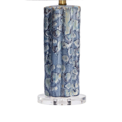 Flix Accent Table Lamp, 23 Inch, White Linen, Blue Scalloped Ceramic