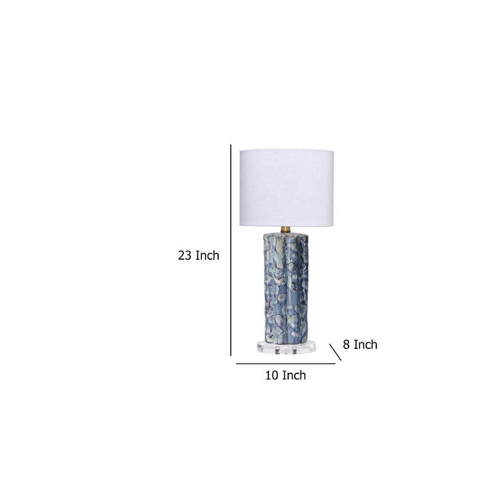 Flix Accent Table Lamp, 23 Inch, White Linen, Blue Scalloped Ceramic