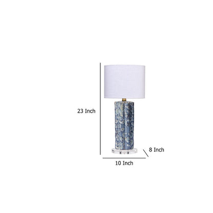 Flix Accent Table Lamp, 23 Inch, White Linen, Blue Scalloped Ceramic