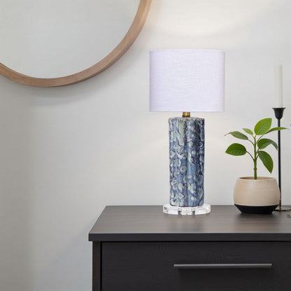Flix Accent Table Lamp, 23 Inch, White Linen, Blue Scalloped Ceramic