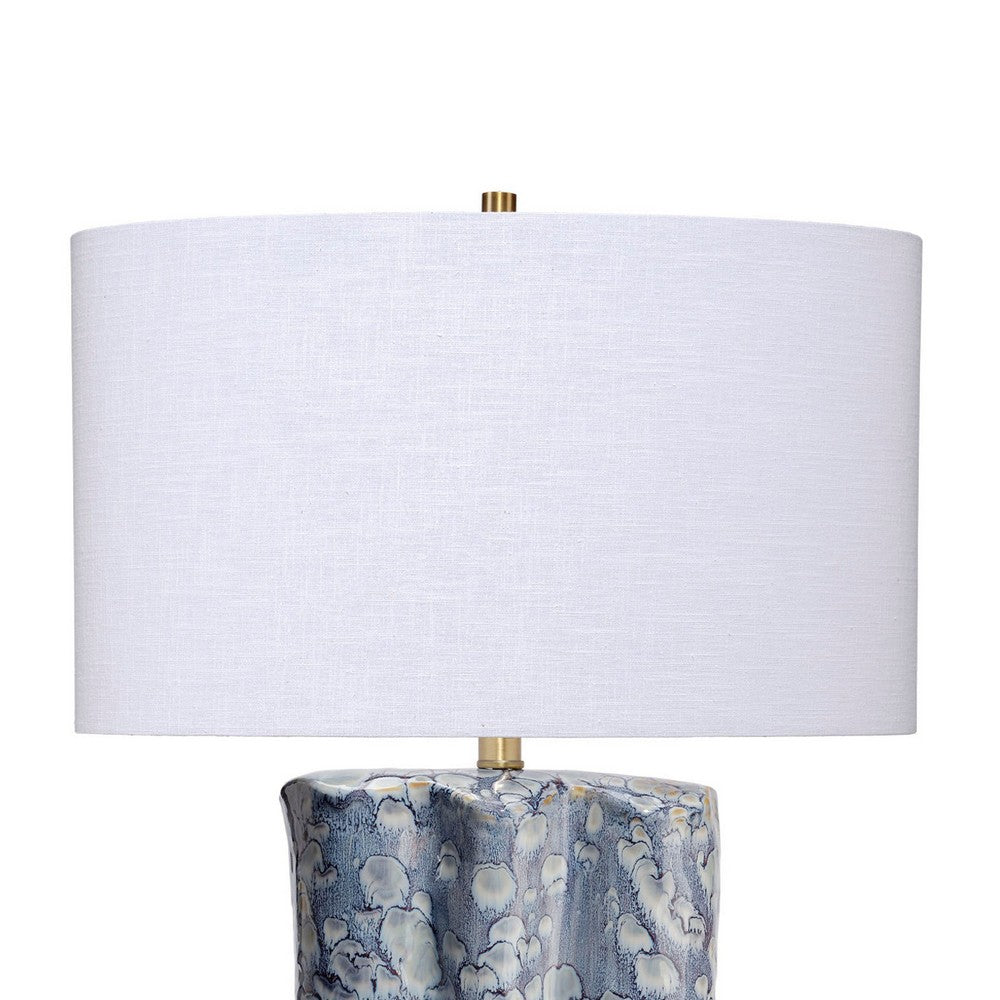 Flix Accent Table Lamp, 28 Inch, White Linen, Blue Scalloped Ceramic