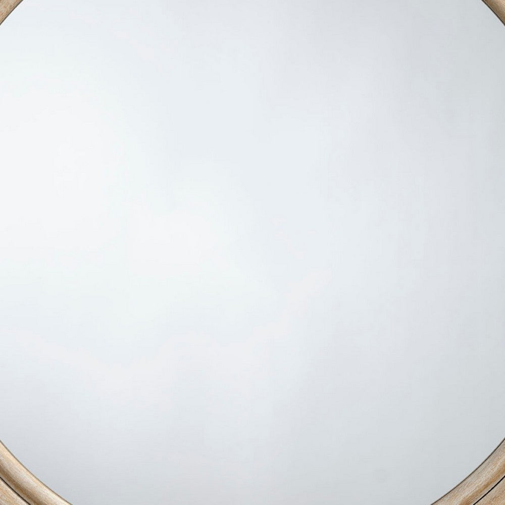 Riri Round Wall Mirror, 36 Inch Brown Wood Frame, Non Beveled Frame
