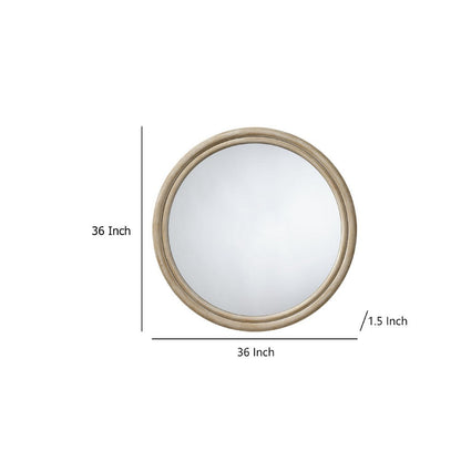 Riri Round Wall Mirror, 36 Inch Brown Wood Frame, Non Beveled Frame
