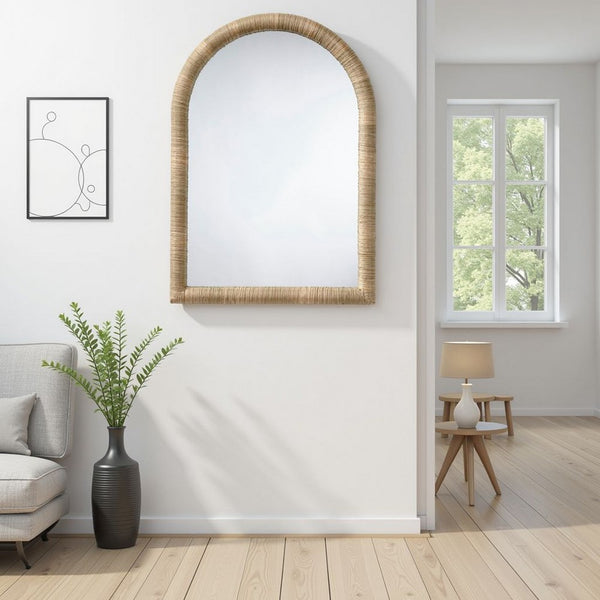 Tipz Wall Mirror, 34 Inch Natural Brown Arch Frame, Woven Seagrass