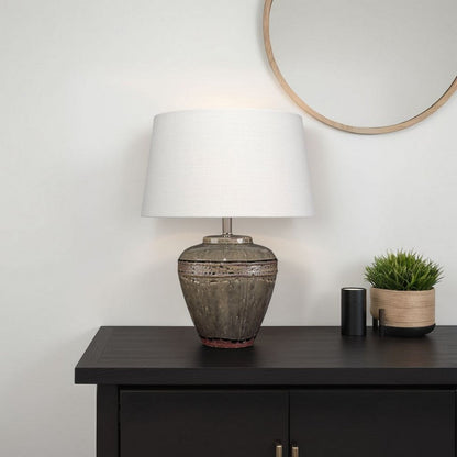 Avo Accent Table Lamp, White Linen, Antique Ceramic Design 25 Inch