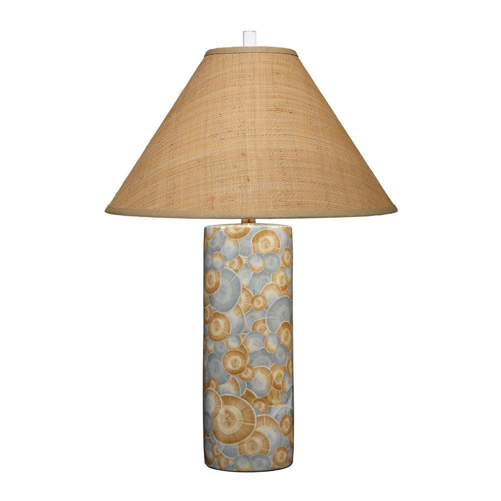 Eriy Accent Table Lamp, Brown Raffia Cone Shade, Blue Abstract 29 Inch