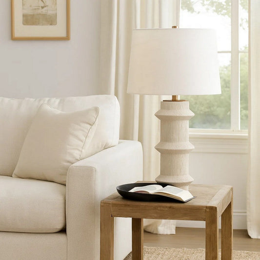 Disy Accent Table Lamp, Linen, Turned Sculptural Polyresin 30 Inch