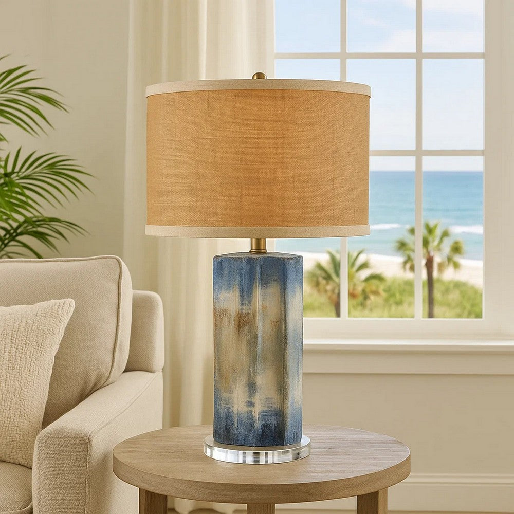 Absy Accent Table Lamp, Brown Oval Raffia Shade, Abstract Blue 23 Inch