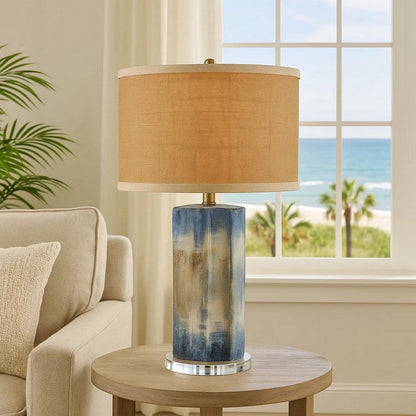Absy Accent Table Lamp, Brown Oval Raffia Shade, Abstract Blue 23 Inch