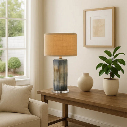 Absy Accent Table Lamp, Brown Oval Raffia Shade, Abstract Blue 23 Inch