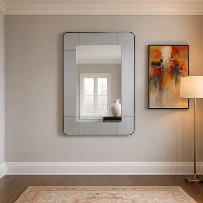 Fexo Wall Mirror, 36 Inch Mercury Glass Silver Frame, Hand Forged Iron