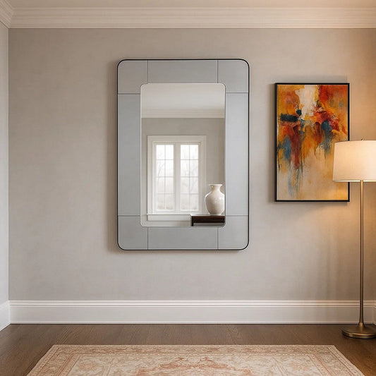 Fexo Wall Mirror, 36 Inch Mercury Glass Silver Frame, Hand Forged Iron