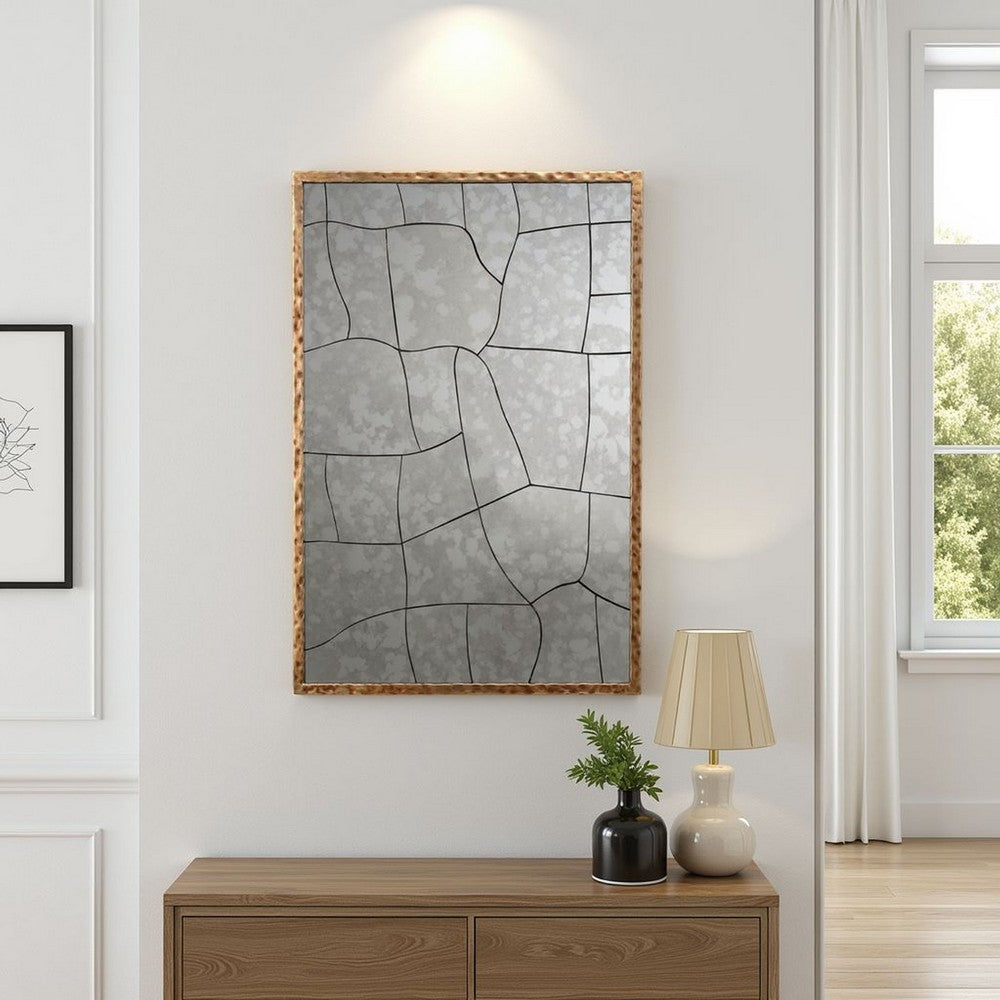 Heri Wall Decor Mirror, Mosaic Pattern, 35 Inch Hammered Brass Metal