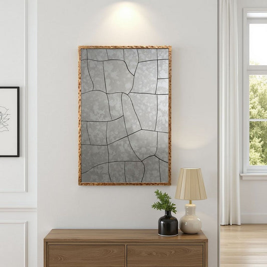 Heri Wall Decor Mirror, Mosaic Pattern, 35 Inch Hammered Brass Metal