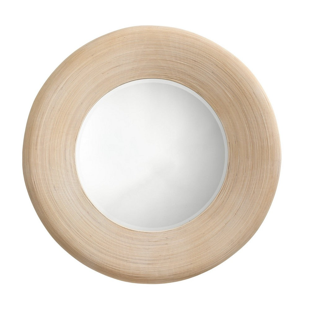 Defy Wall Mirror, 39 Inch Round Frame, Boho Style Ivory Natural Bamboo
