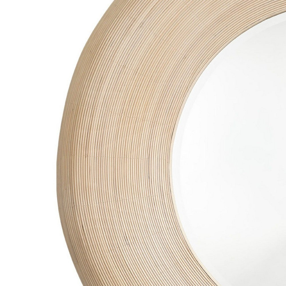 Defy Wall Mirror, 39 Inch Round Frame, Boho Style Ivory Natural Bamboo