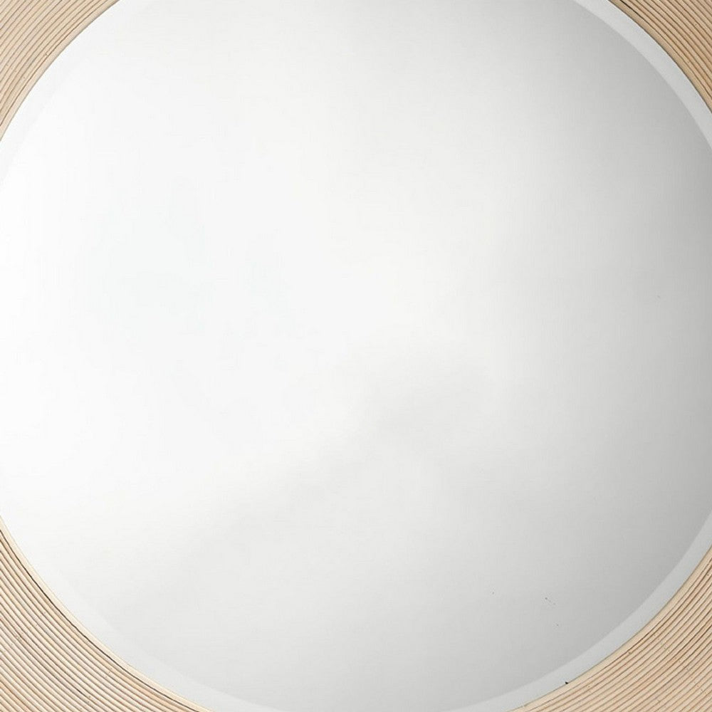 Defy Wall Mirror, 39 Inch Round Frame, Boho Style Ivory Natural Bamboo