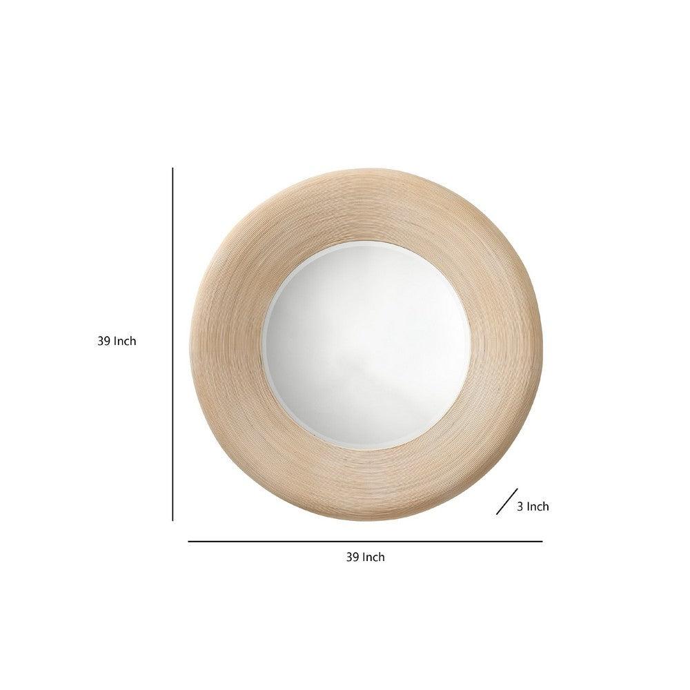 Defy Wall Mirror, 39 Inch Round Frame, Boho Style Ivory Natural Bamboo