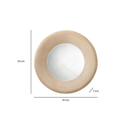 Defy Wall Mirror, 39 Inch Round Frame, Boho Style Ivory Natural Bamboo