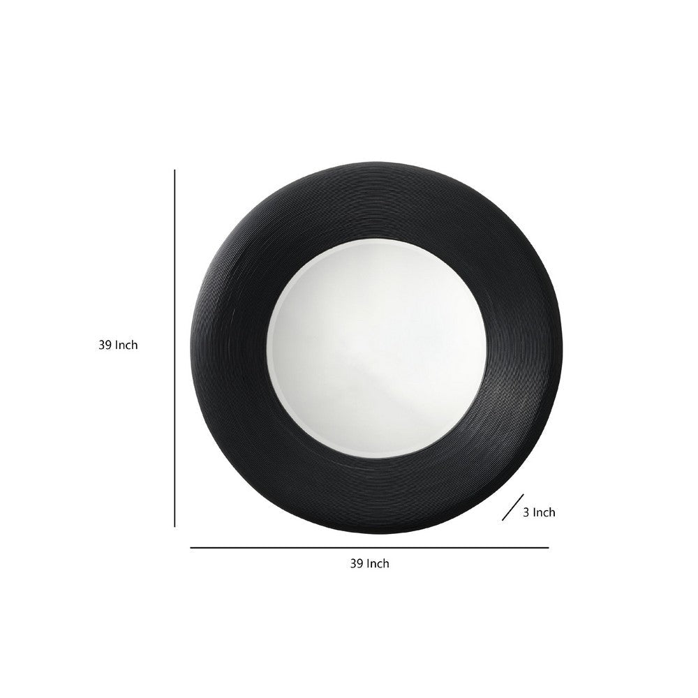 Defy Wall Mirror, 39 Inch Round Frame, Boho Style Black Natural Bamboo