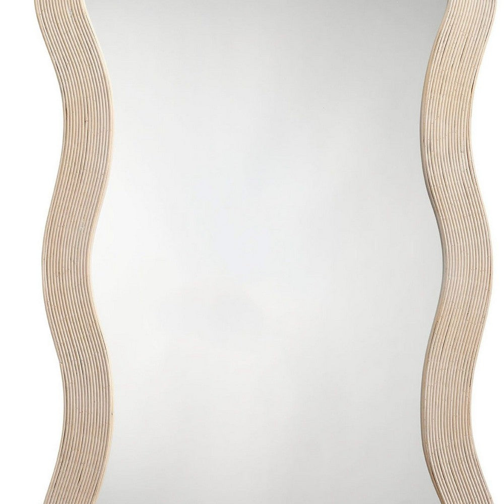 Lery Wall Mirror, 38 Inch Wavy Frame, Boho Style Ivory Natural Bamboo