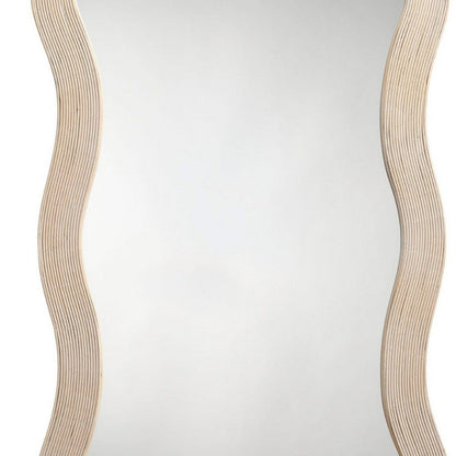 Lery Wall Mirror, 38 Inch Wavy Frame, Boho Style Ivory Natural Bamboo